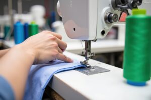 Skilled Female Tailor in a Vibrant Workshop Sewing Blue Fabric with Colorful Threads Spools Around Her, Showcasing the Art of Garment Making